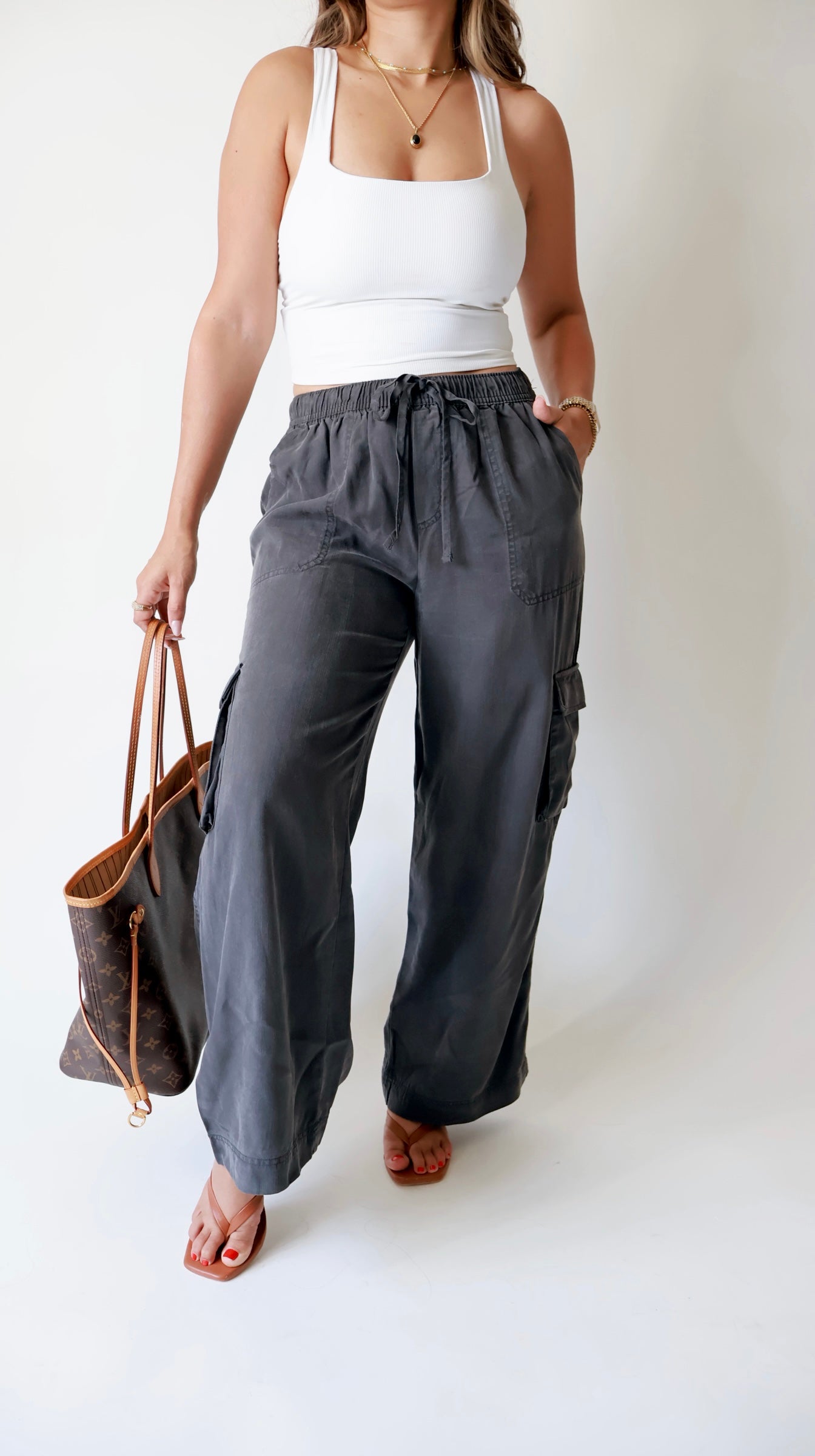 Charcoal Tencel Wide Leg Cargo Pants
