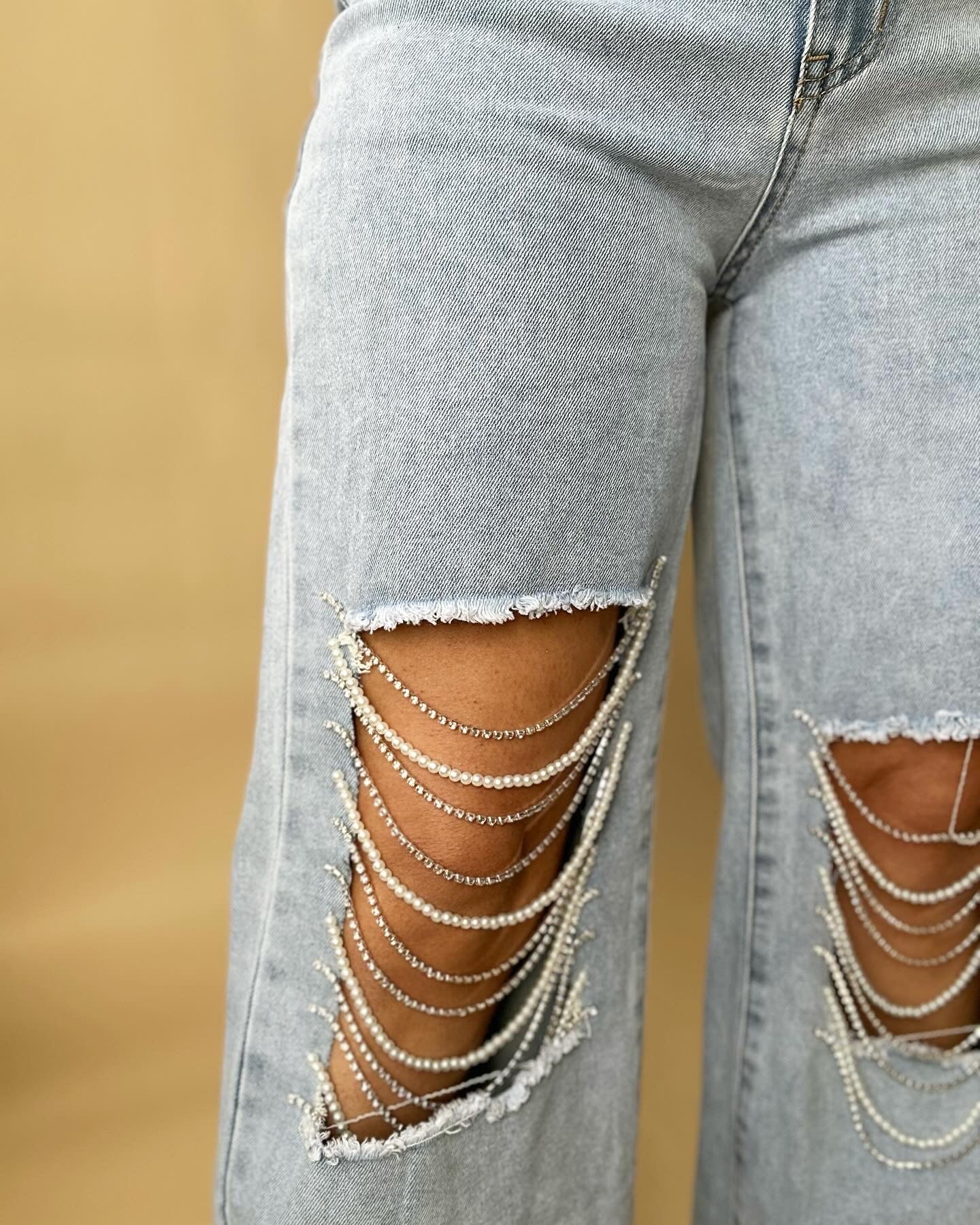 Miss Love Pearl & Rhinestone Wideleg Jeans