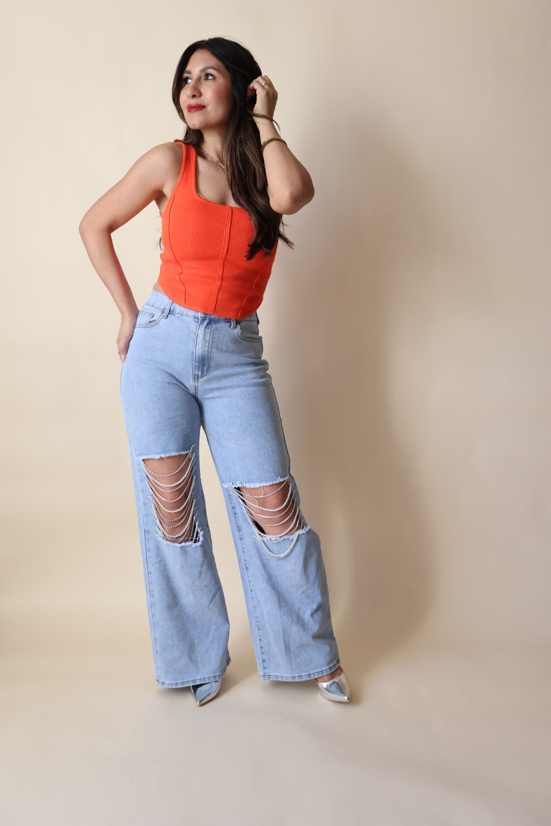 Miss Love Pearl & Rhinestone Wideleg Jeans