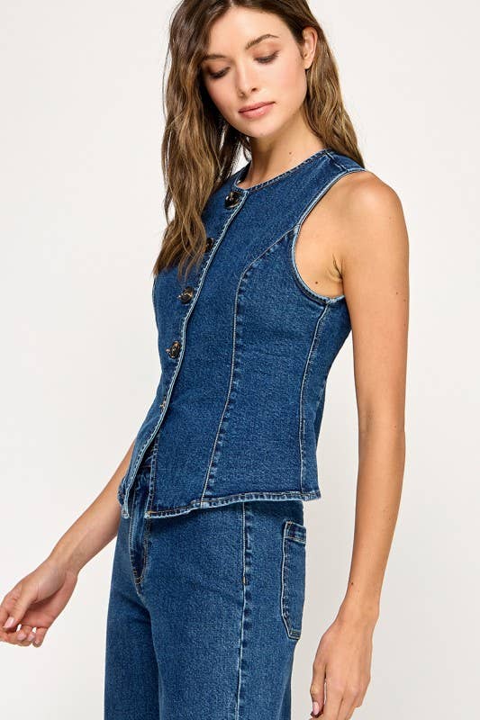 Fitted Button Down Denim Vest