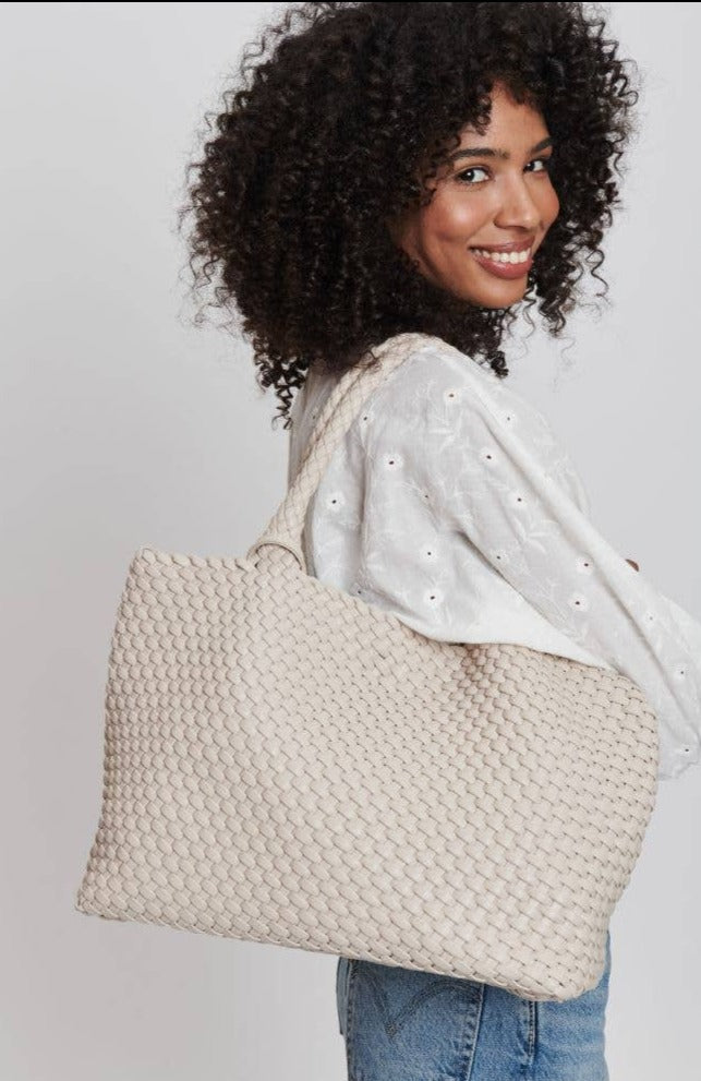 Solana Woven Vegan Leather Tote In Ivory
