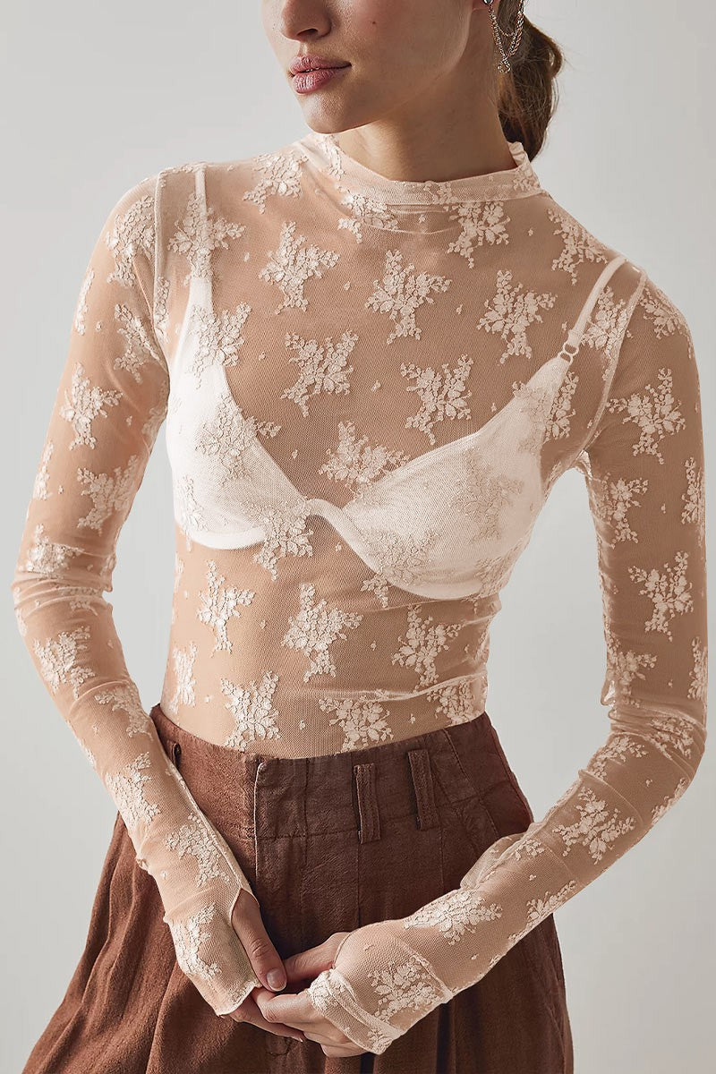 Viral Beige Lace Mock Neck Top