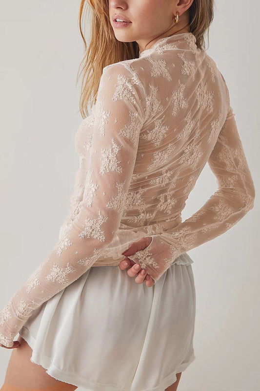 Viral Beige Lace Mock Neck Top