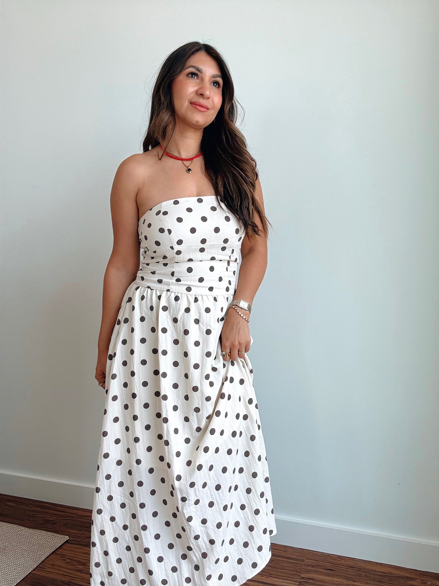 Linen Strapless Polka Dot Dress