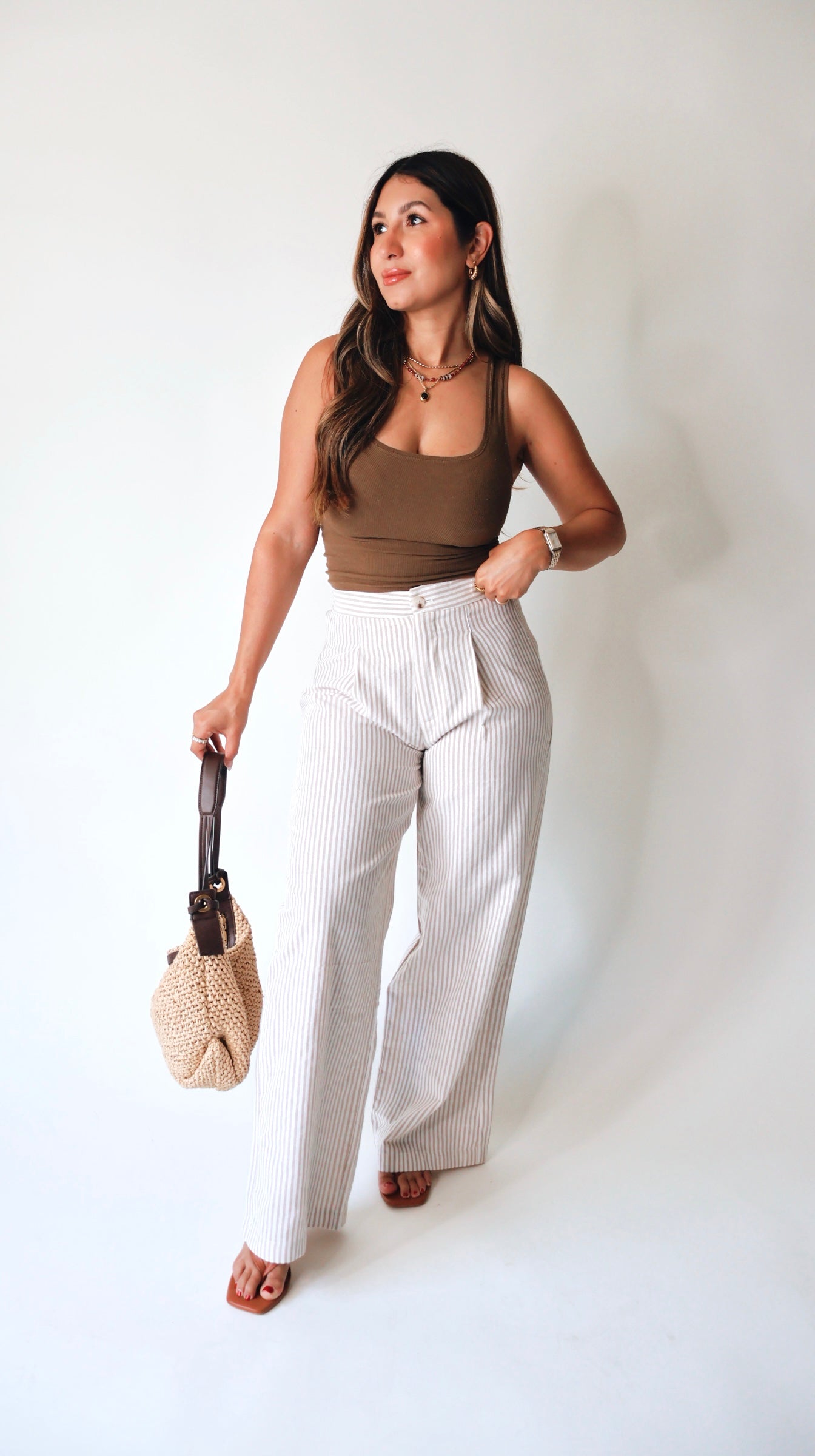 Tan Striped Linen Wide Leg Pants