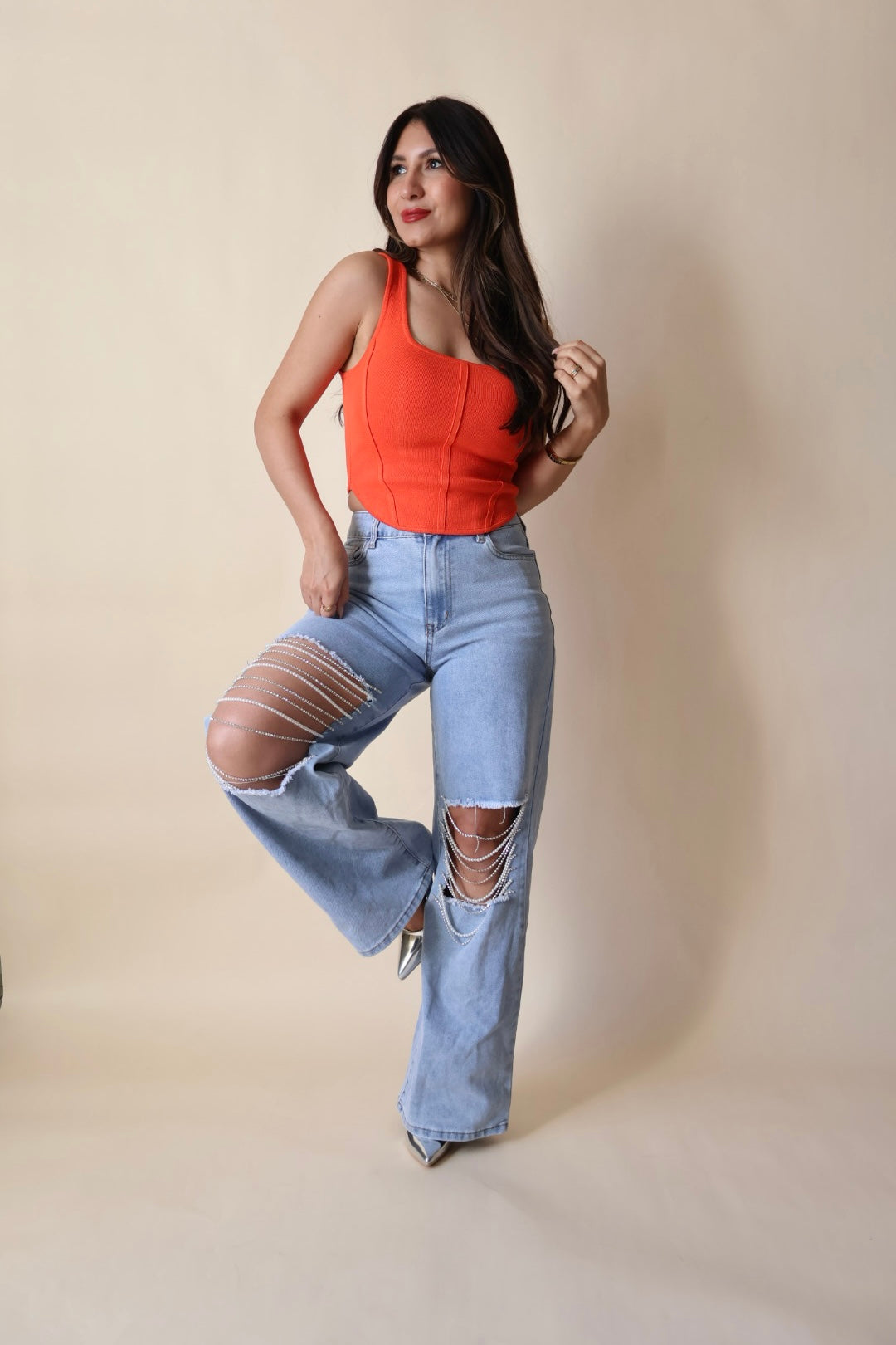 Miss Love Pearl & Rhinestone Wideleg Jeans