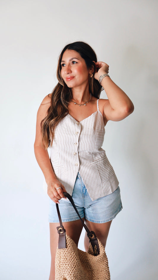 Tan Striped Linen Tank Vest