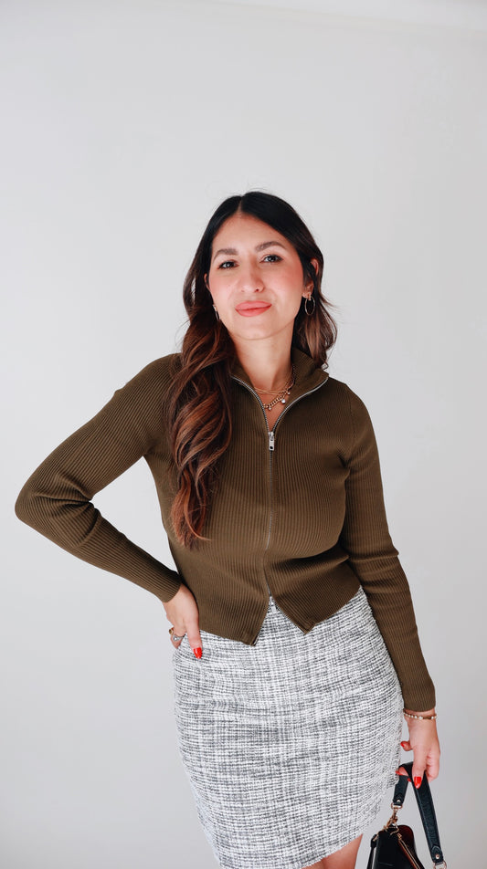Olive Green Two Way Zipper Sweater