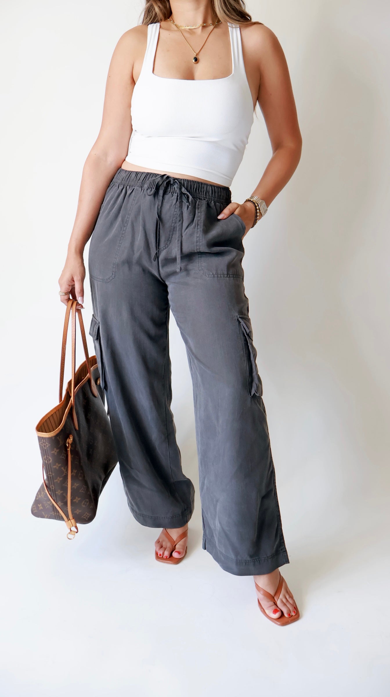 Charcoal Tencel Wide Leg Cargo Pants