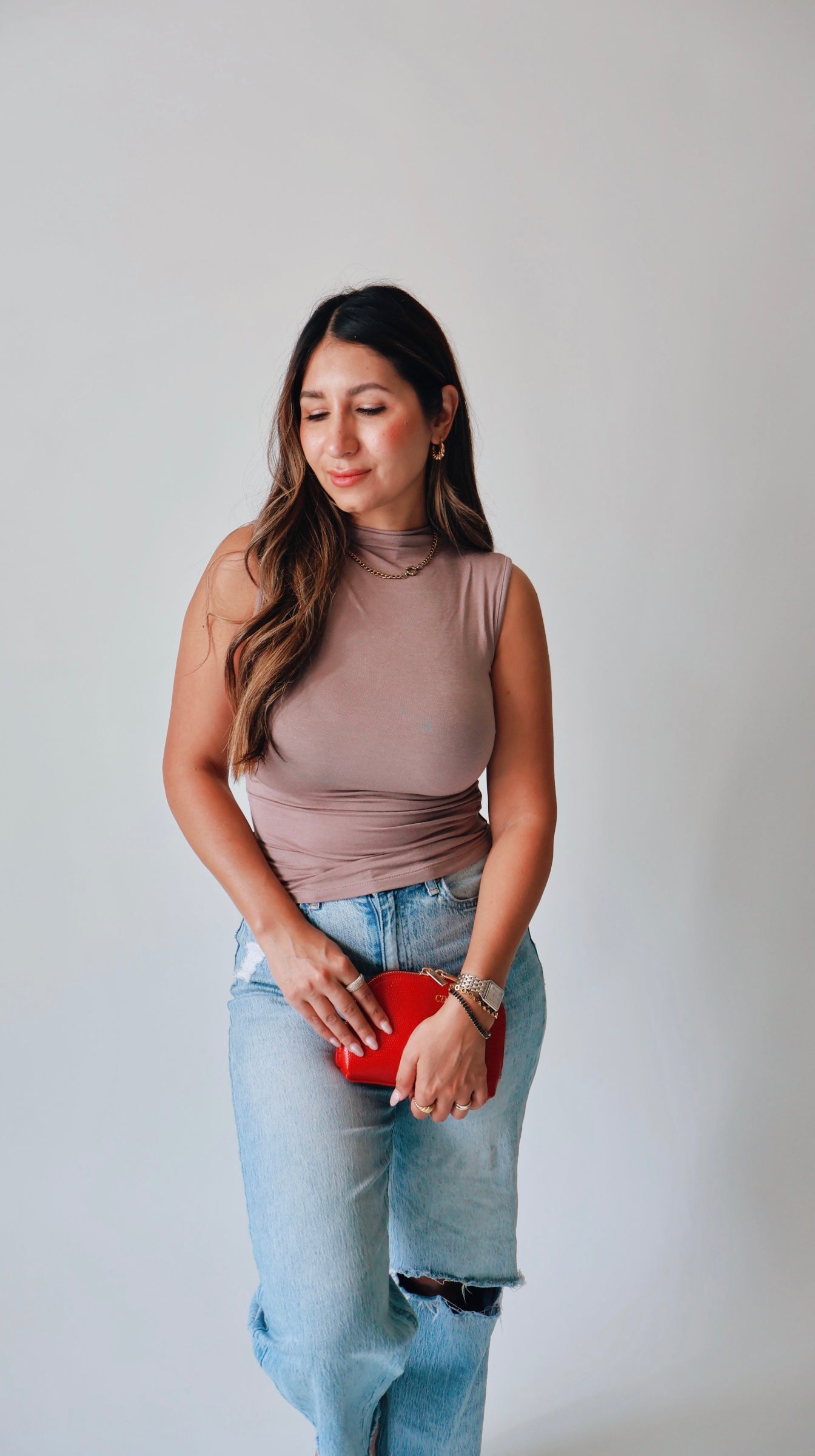 Mock Neck Ruched Mocha Top- Mocha/Taupe