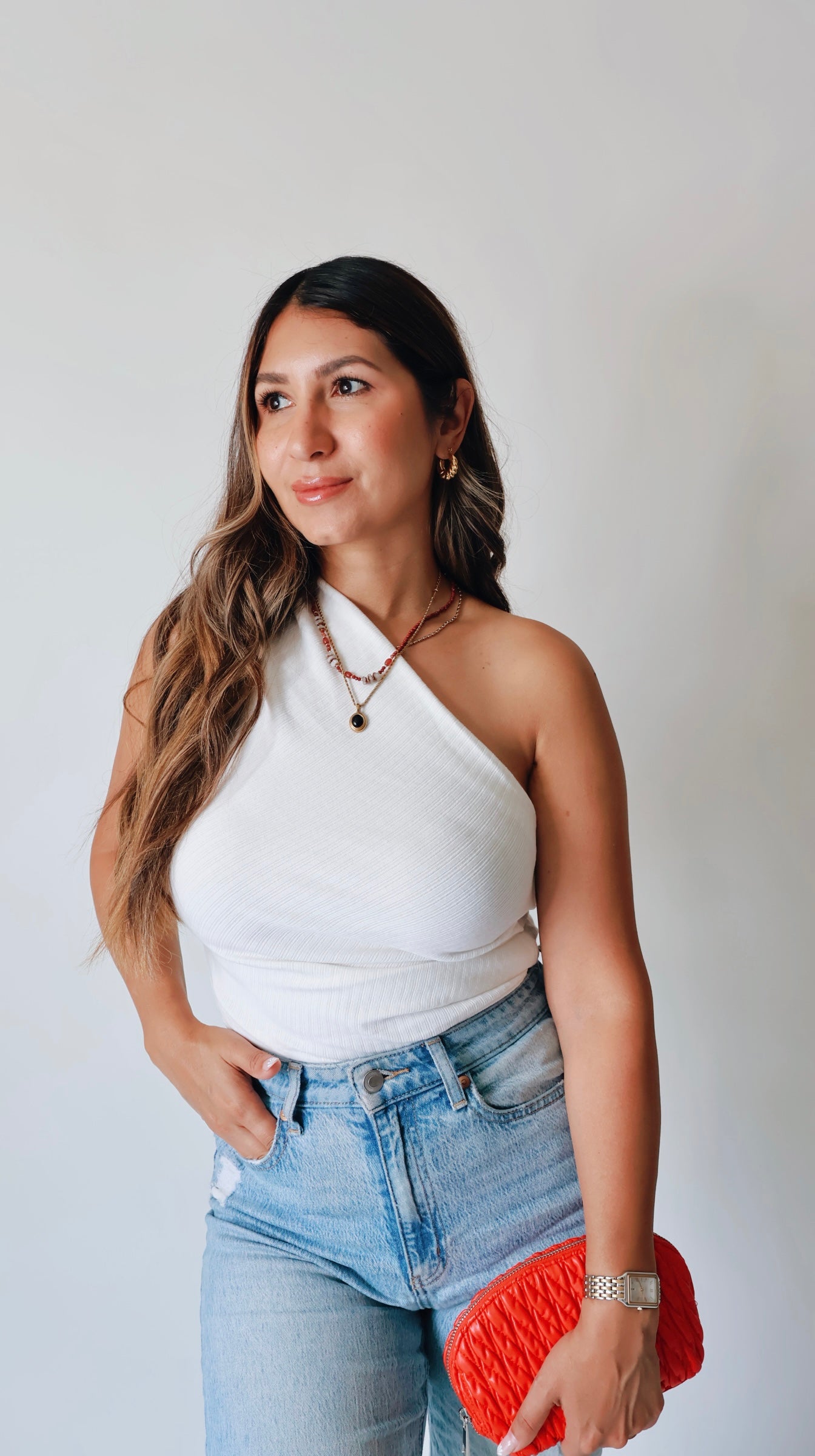White Stretchy Asymmetric Ribbed Top