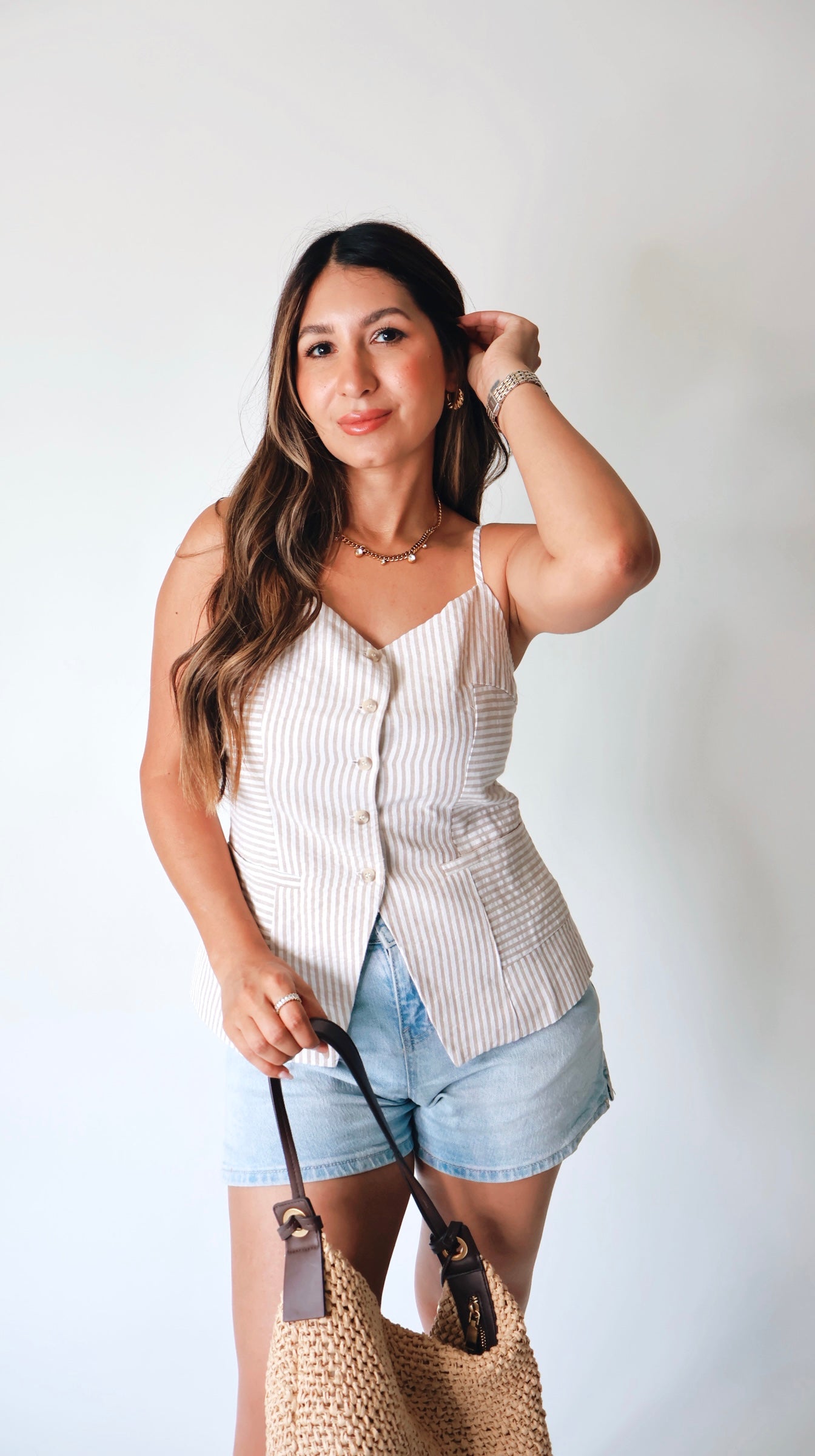 Tan Striped Linen Tank Vest