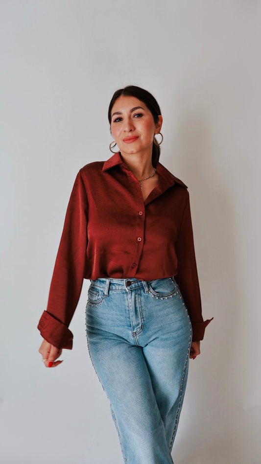 Merlot Button Down Satin Blouse