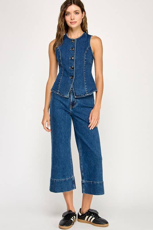 Fitted Button Down Denim Vest
