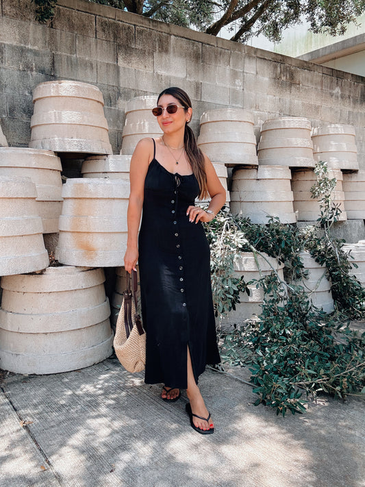 Button Black Linen Dress