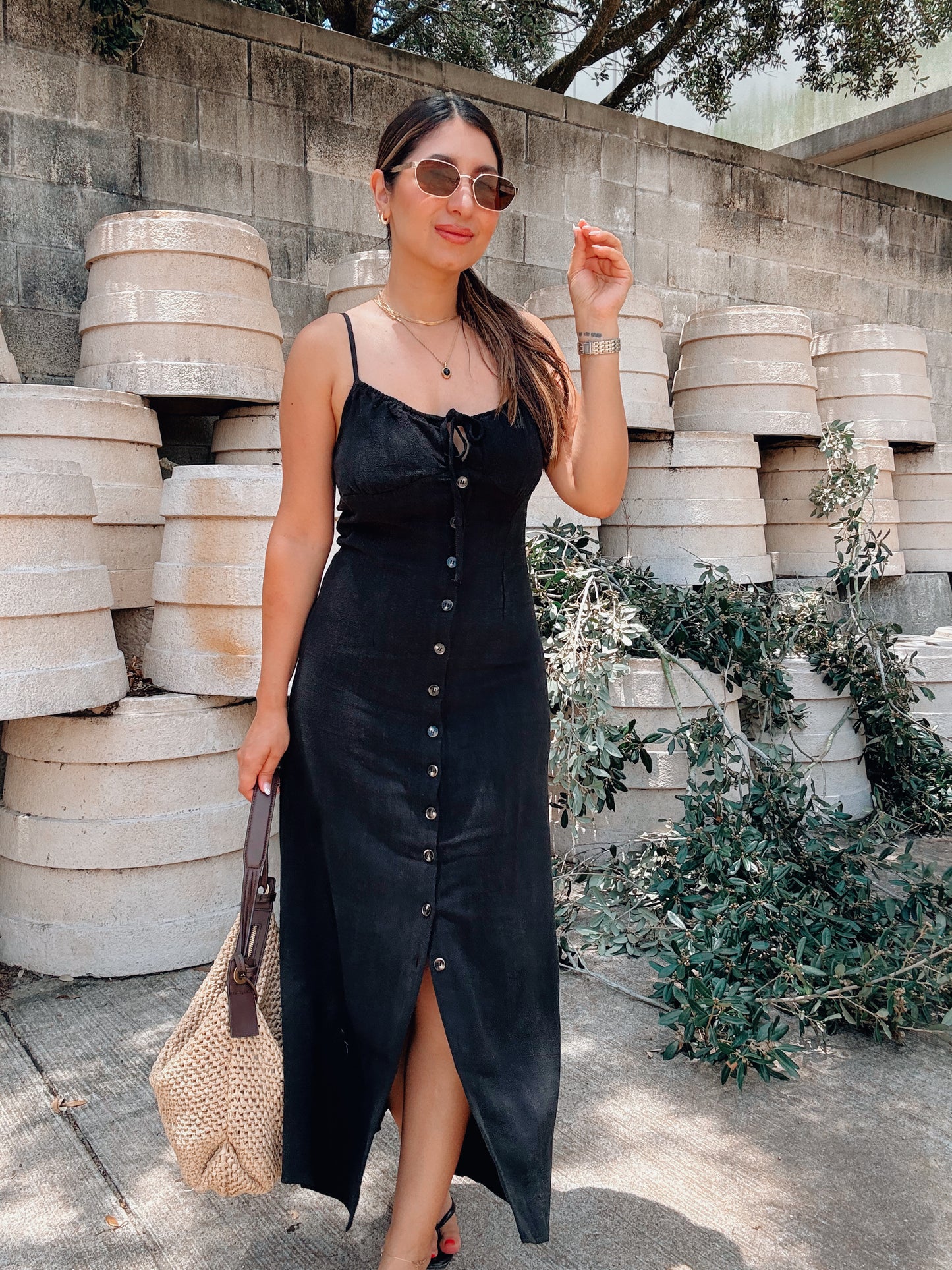 Button Black Linen Dress