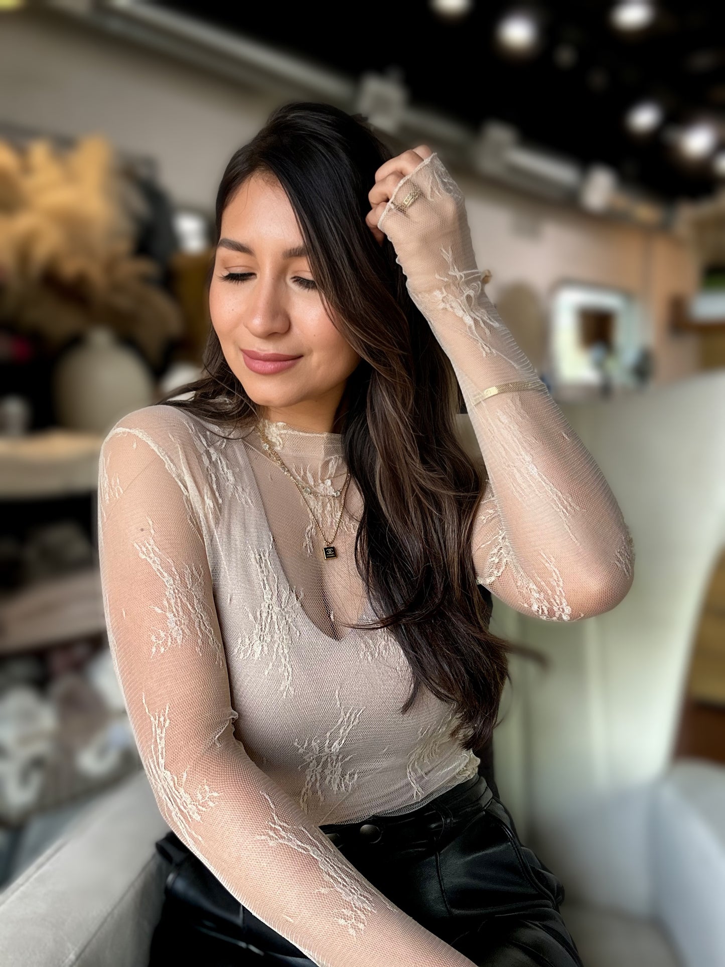 Viral Beige Lace Mock Neck Top