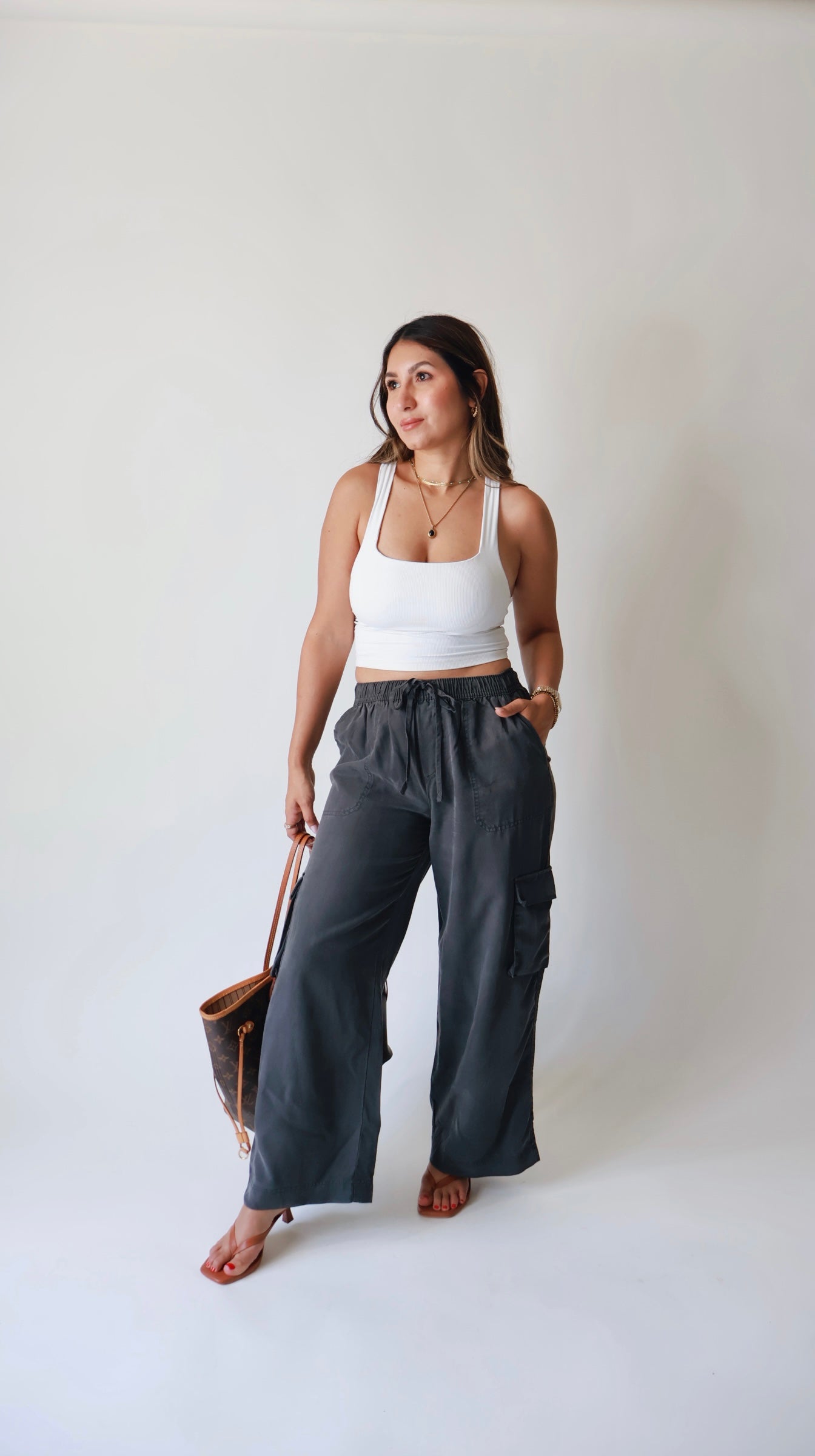 Charcoal Tencel Wide Leg Cargo Pants