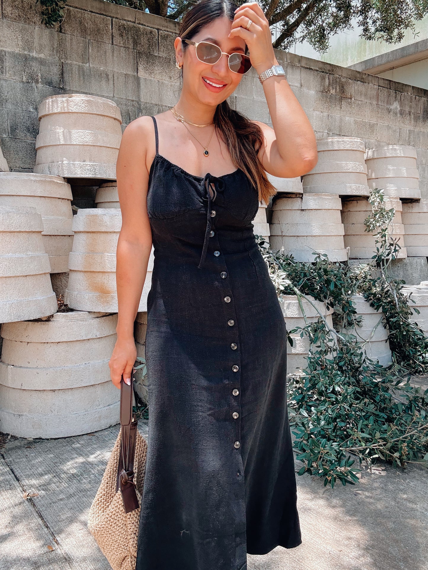 Button Black Linen Dress