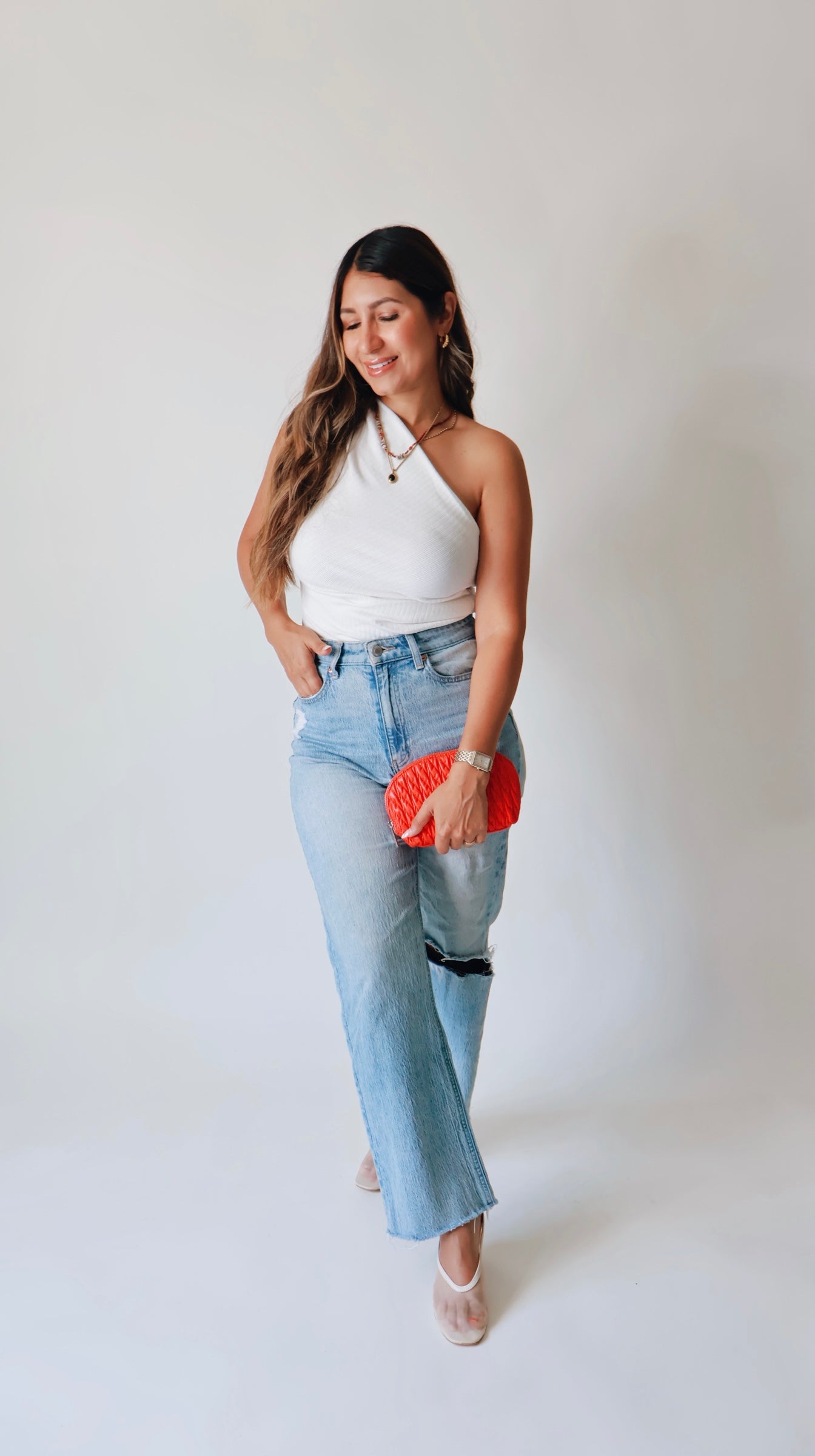 White Stretchy Asymmetric Ribbed Top