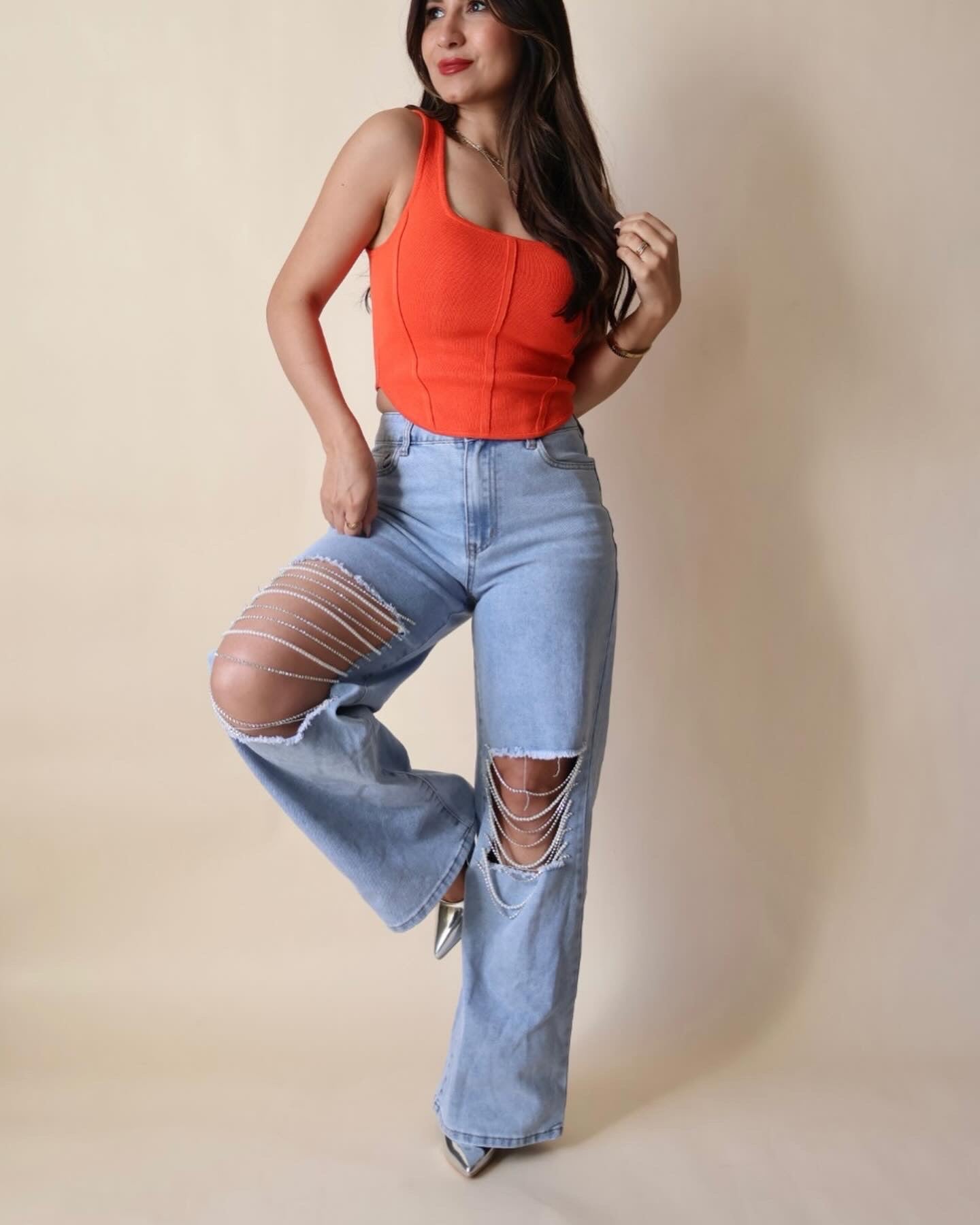Miss Love Pearl & Rhinestone Wideleg Jeans