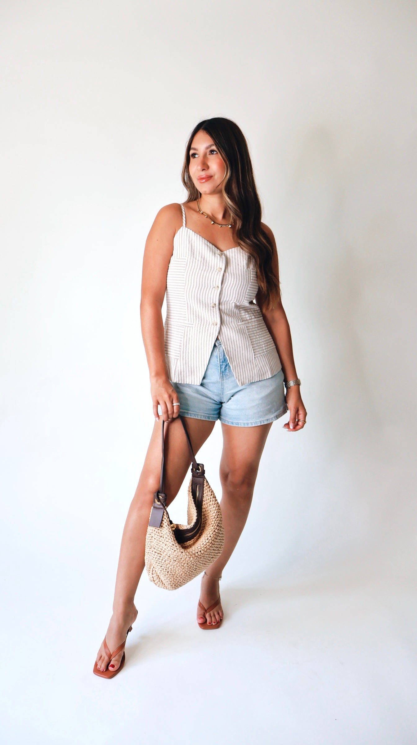 Tan Striped Linen Tank Vest