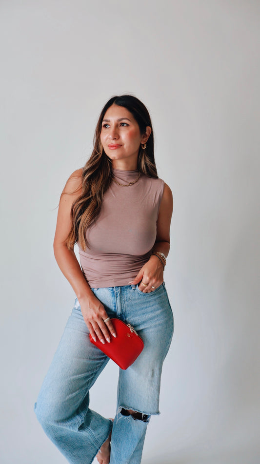 Mock Neck Ruched Mocha Top- Mocha/Taupe