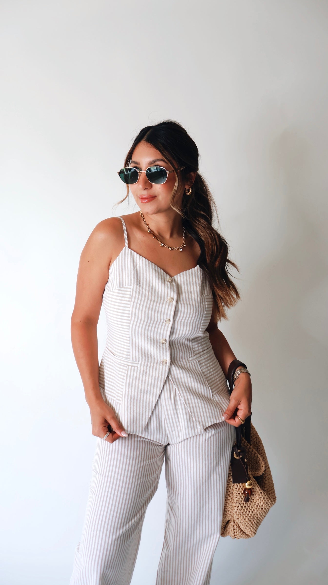 Tan Striped Linen Tank Vest