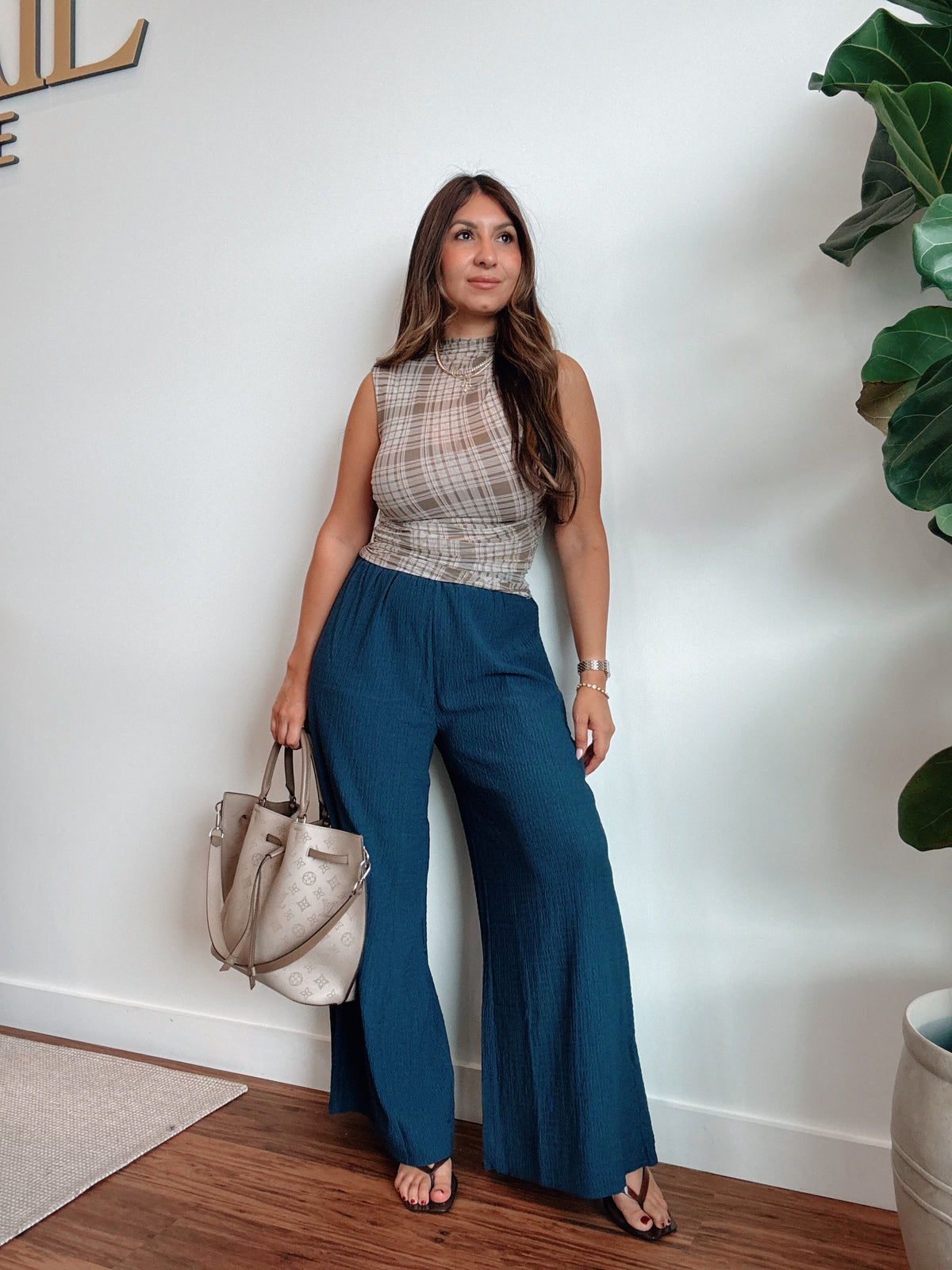 Navy Textured Wide Legs