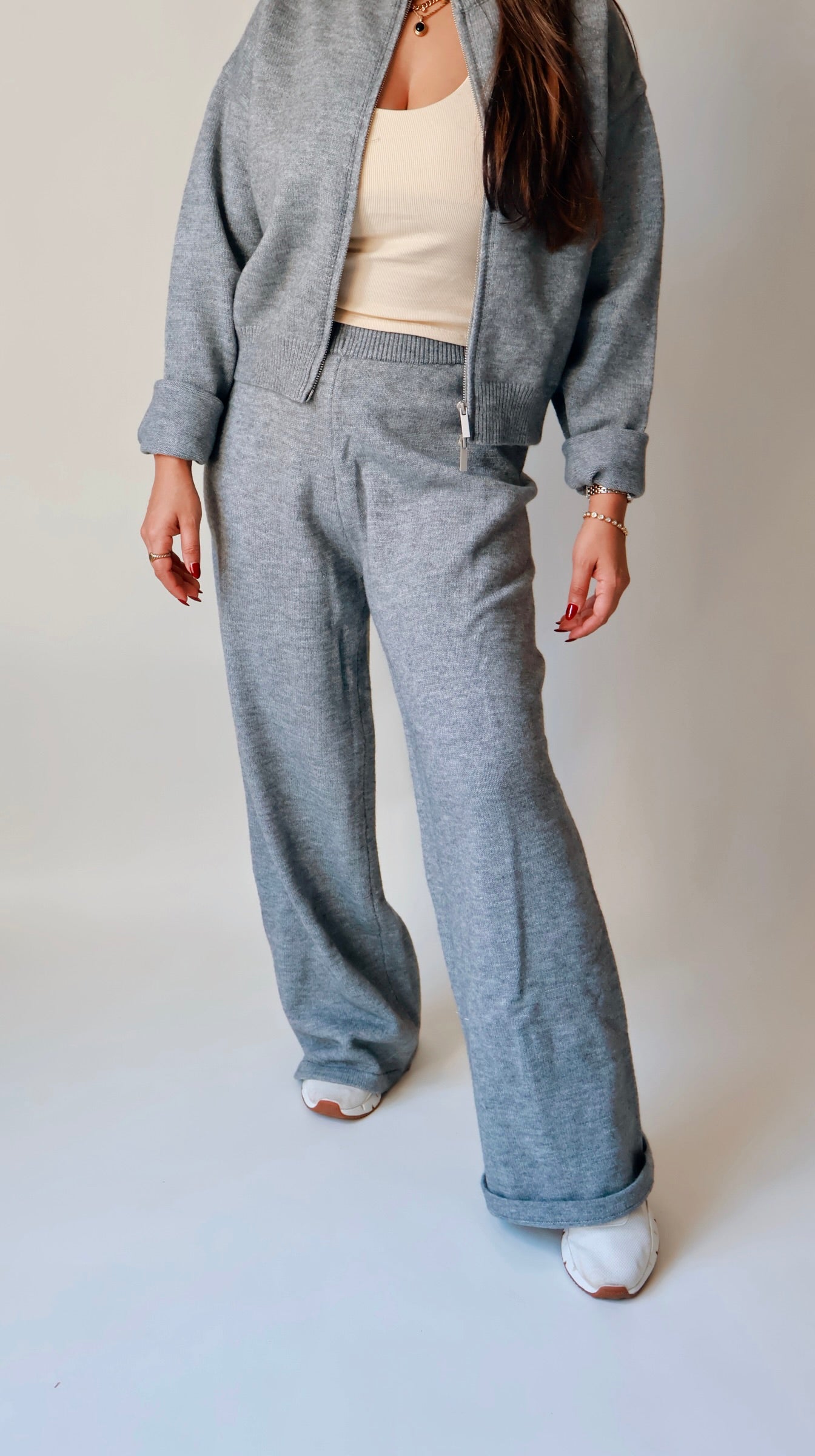 Gray Knit Sweater Wide Leg Pants