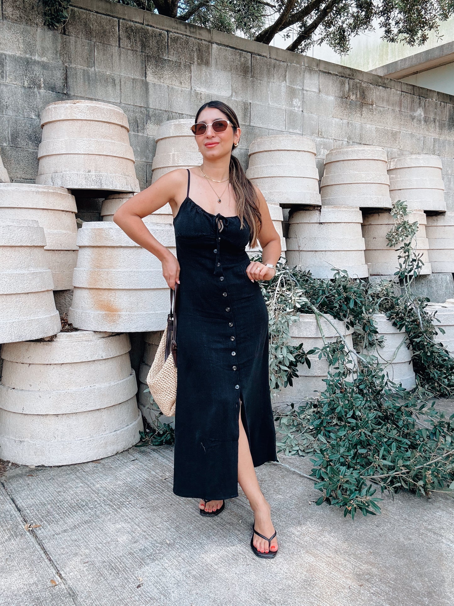 Button Black Linen Dress