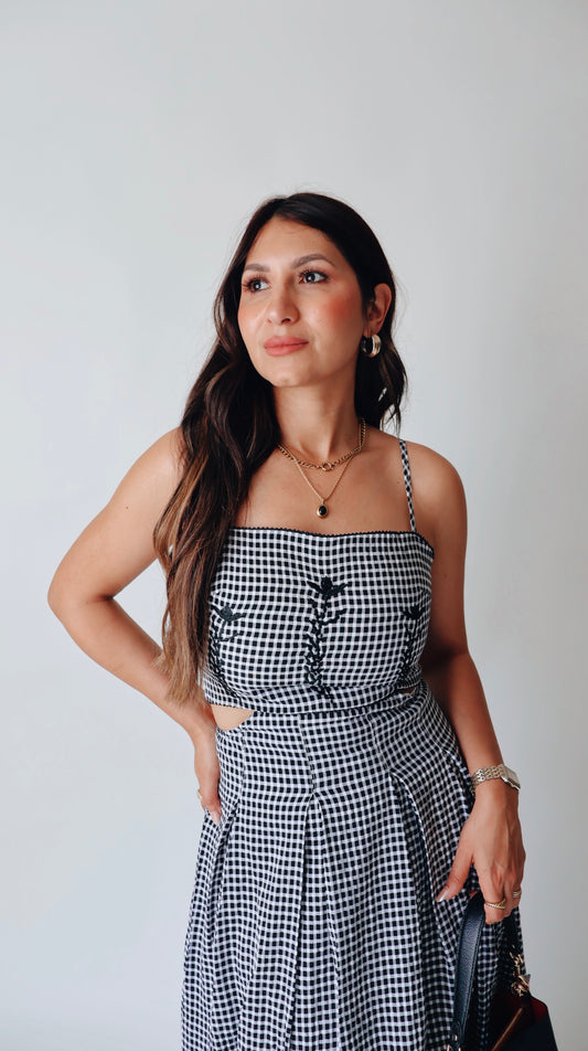 Gingham Embroidered Midi Dress