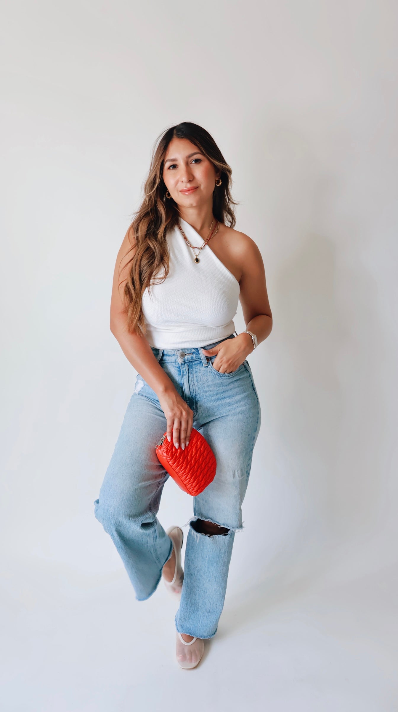 White Stretchy Asymmetric Ribbed Top