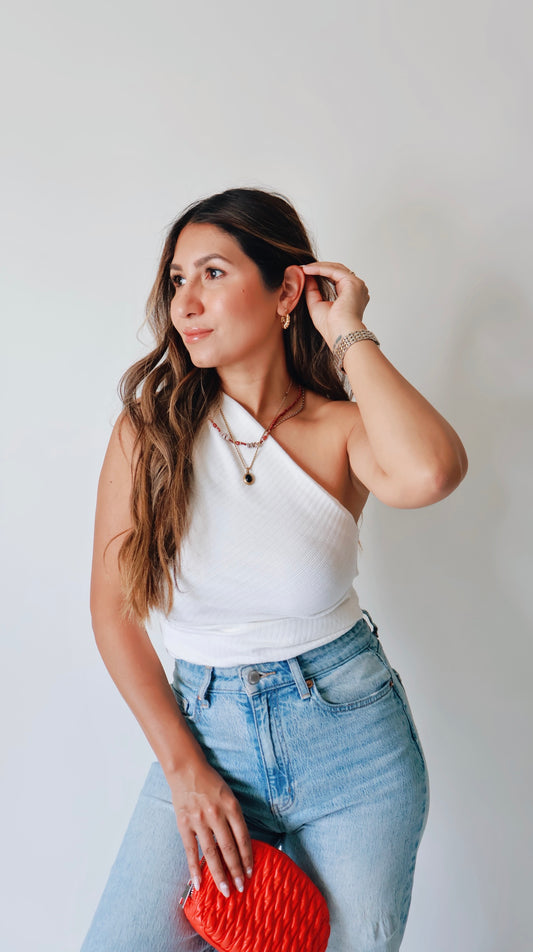 White Stretchy Asymmetric Ribbed Top