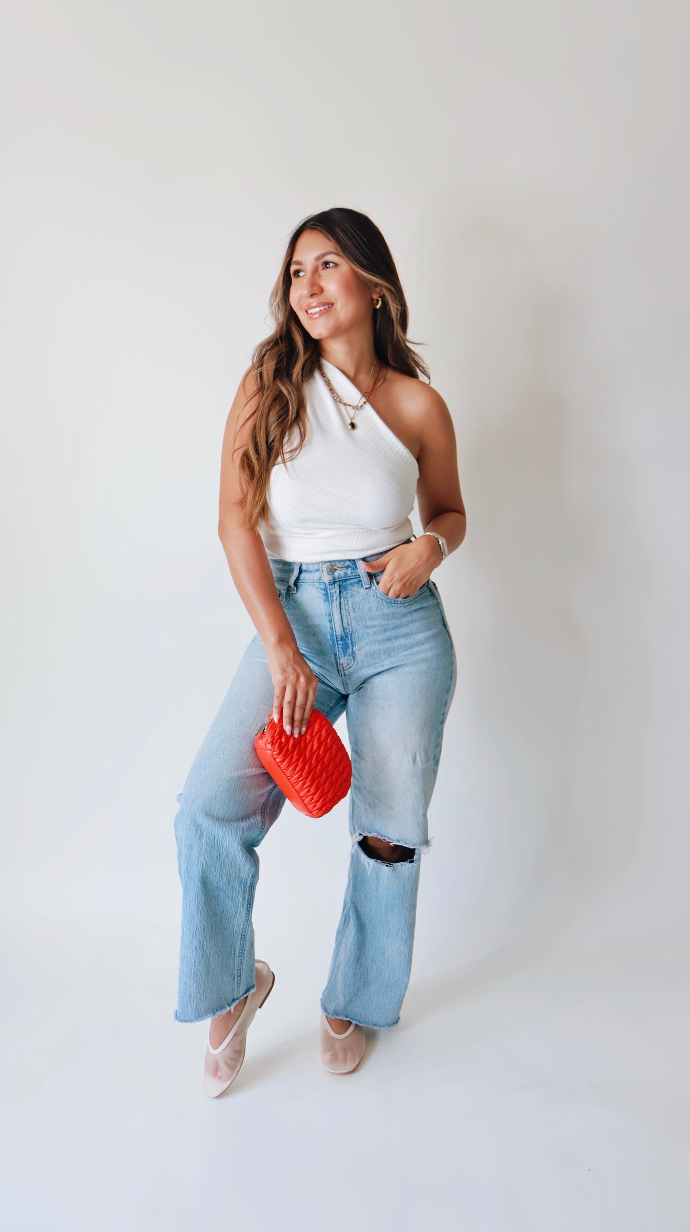 White Stretchy Asymmetric Ribbed Top