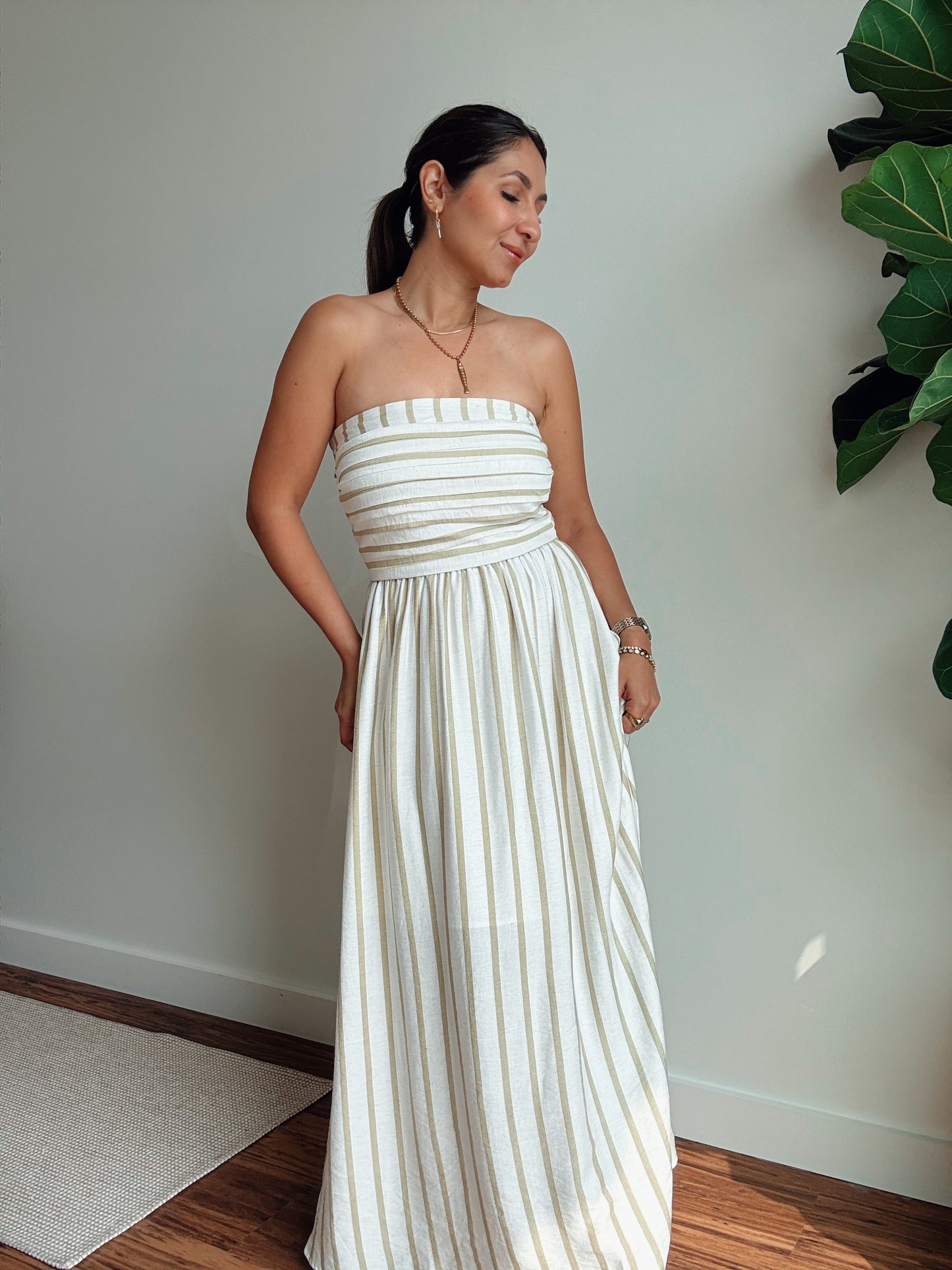 Sage Strapless Striped Dress