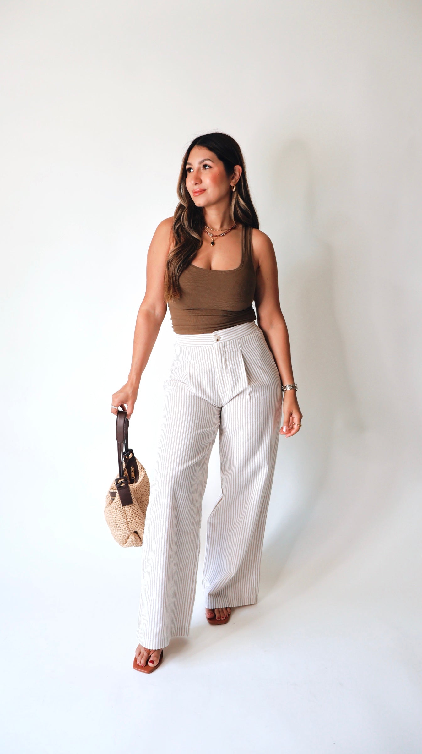 Tan Striped Linen Wide Leg Pants