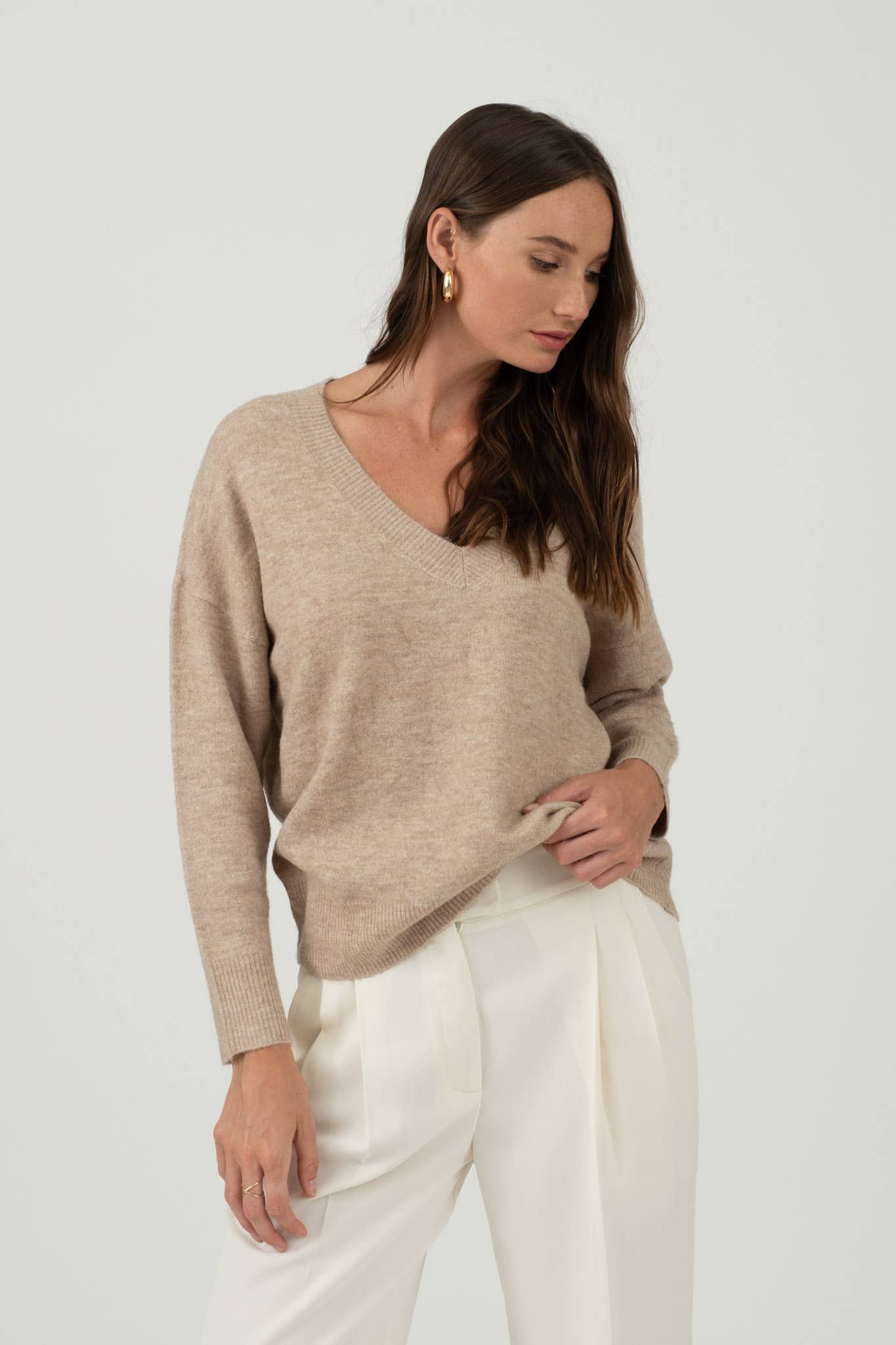 Solid V Neck Mocha Sweater