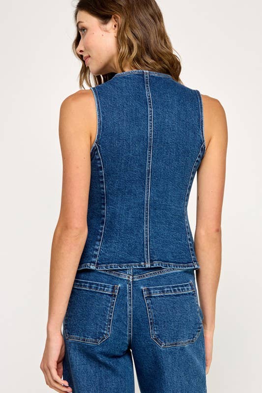 Fitted Button Down Denim Vest