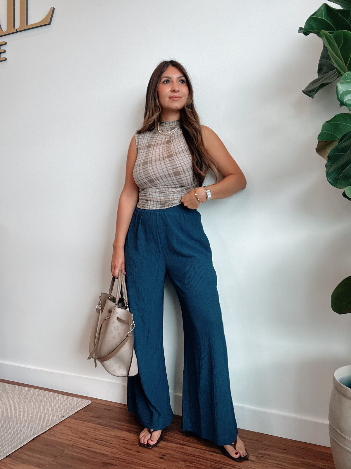 Navy Textured Wide Legs