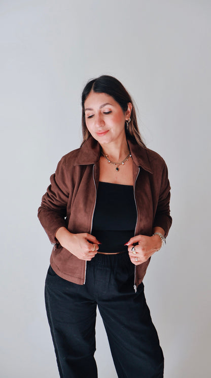 Collared Suede Zip Up Jacket