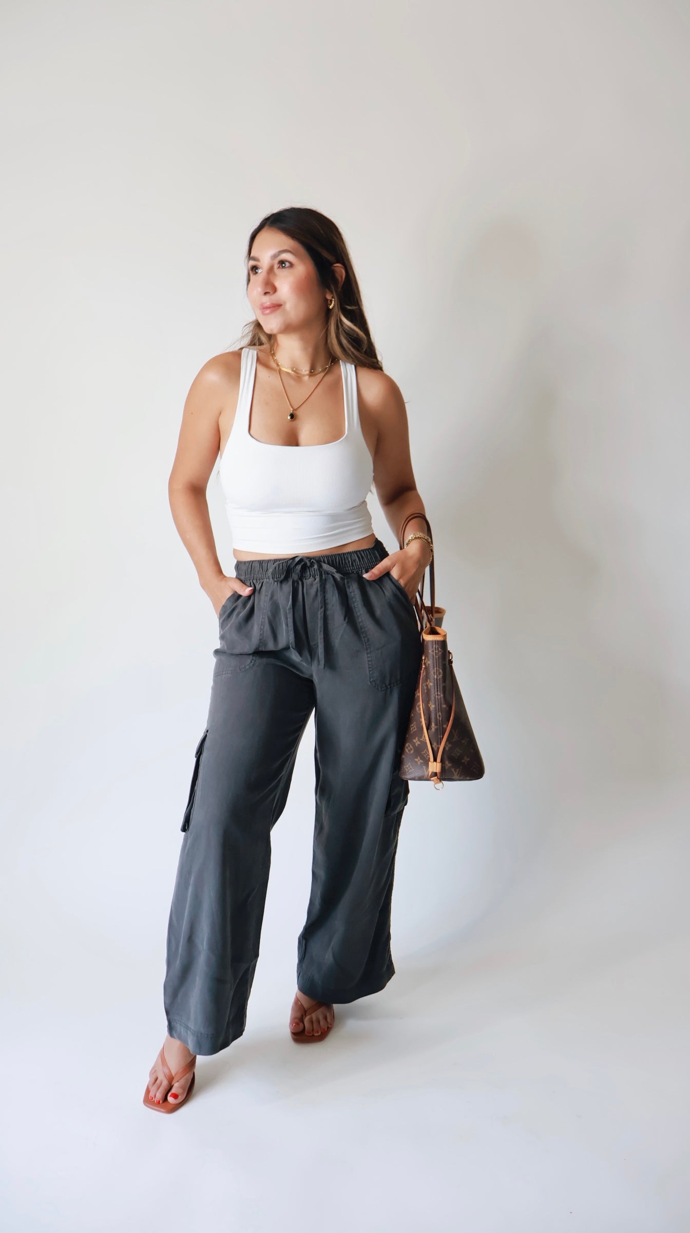 Charcoal Tencel Wide Leg Cargo Pants