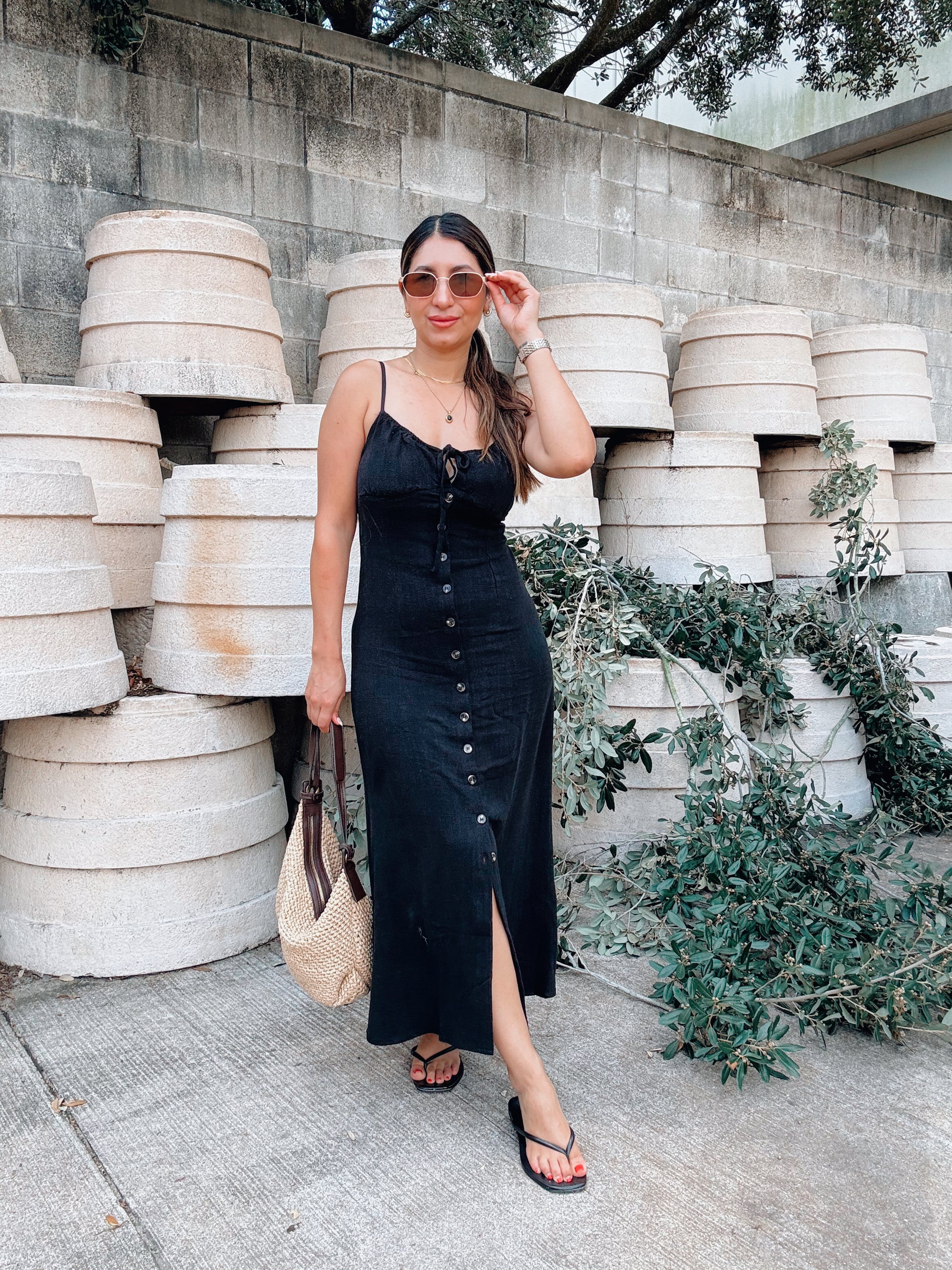 button front linen dress Ava this midi linen button fronted dress is so versatile and cute Never A Bad Day Dark