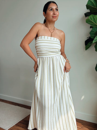 Sage Strapless Striped Dress