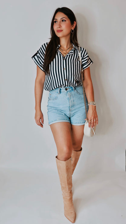 Navy Linen Striped Blouse