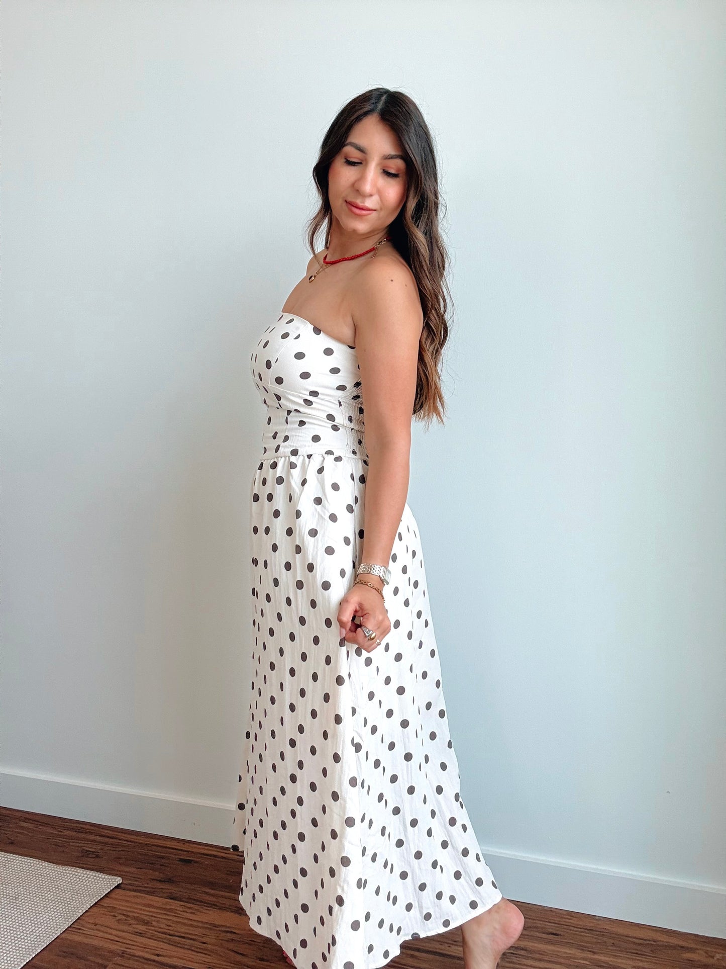 Linen Strapless Polka Dot Dress