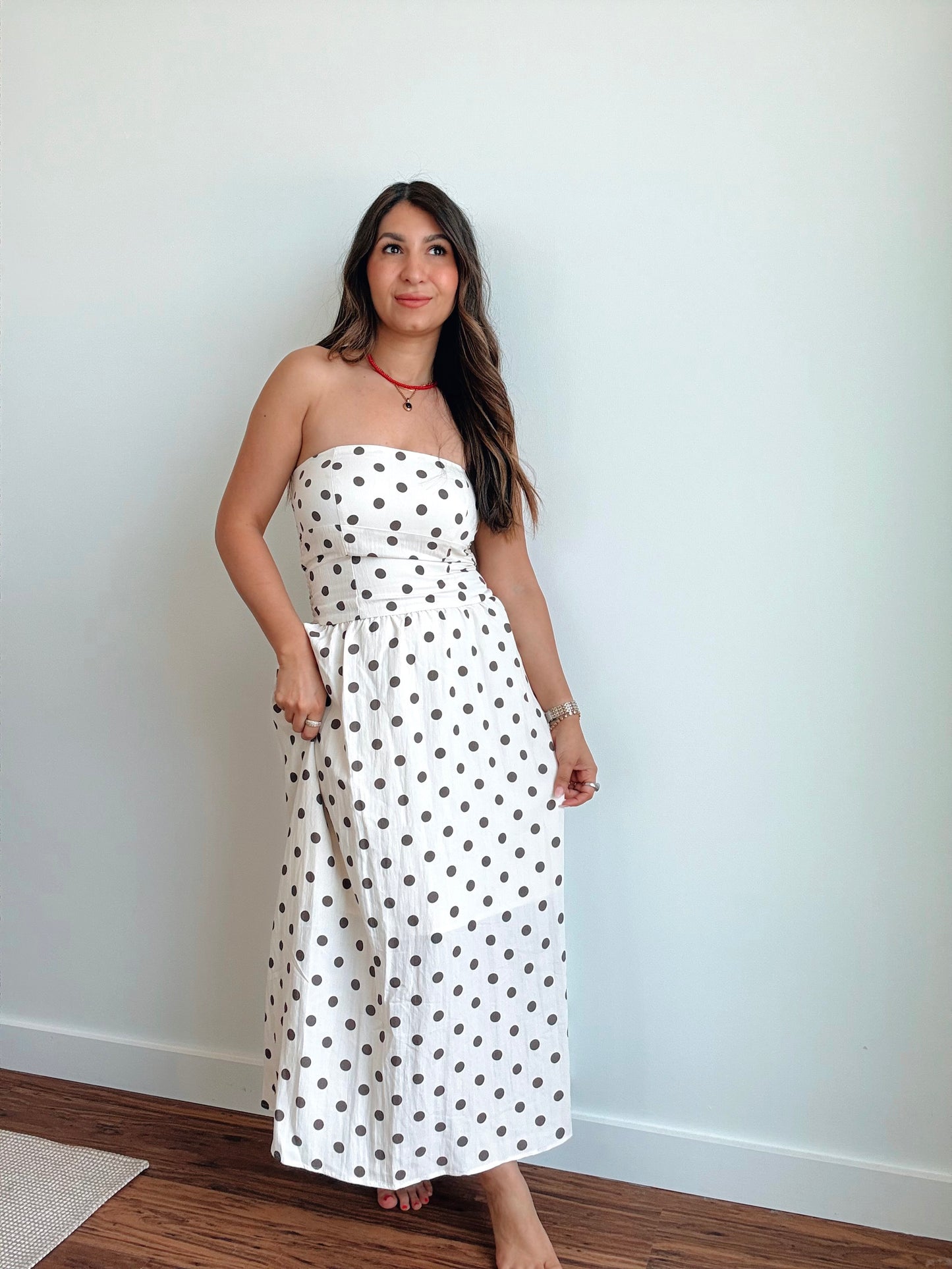 Linen Strapless Polka Dot Dress