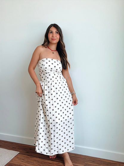 Linen Strapless Polka Dot Dress