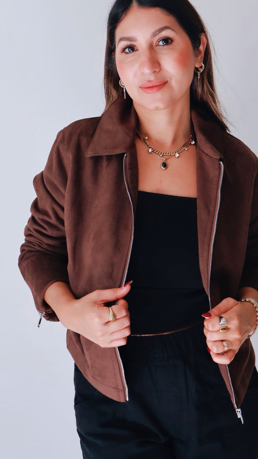 Collared Suede Zip Up Jacket