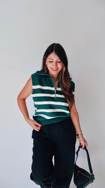Striped Knit Half Zip Sweater Vest